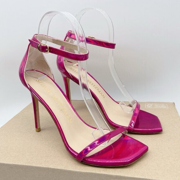 Stuart Weitzman Nudistcurve 100 Strap Sandal Iridescent Patent Orchid Pink US 6 - Picture 4 of 11